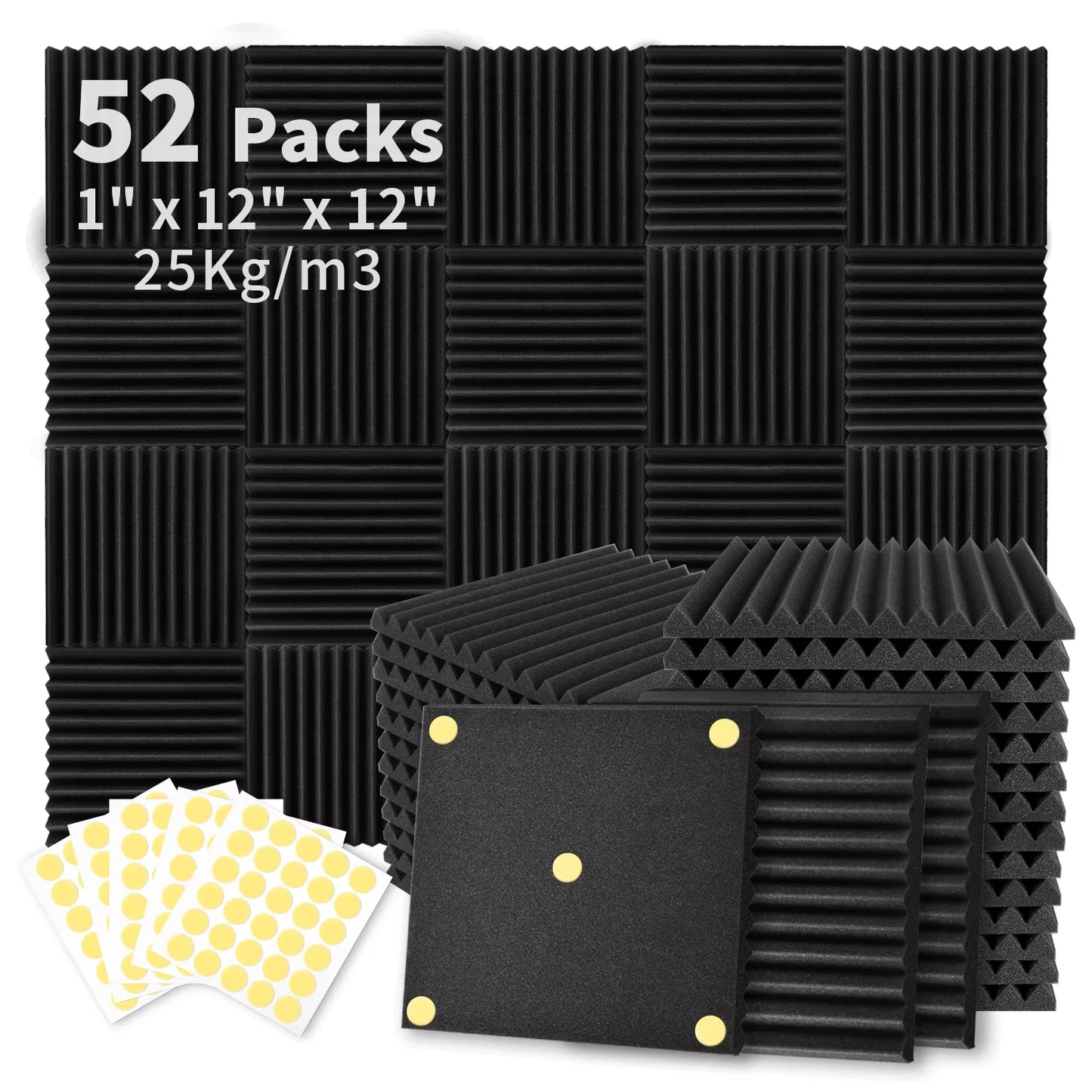 52 Pack Acoustic Foam Panels 1" x 12" x 12" Sound Proof Foam Panles Soundproofing Noise Cancelling Wedge Panels