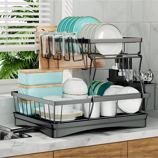Large 2 tier dish drying rack for kitchen countertops removable large-capacity