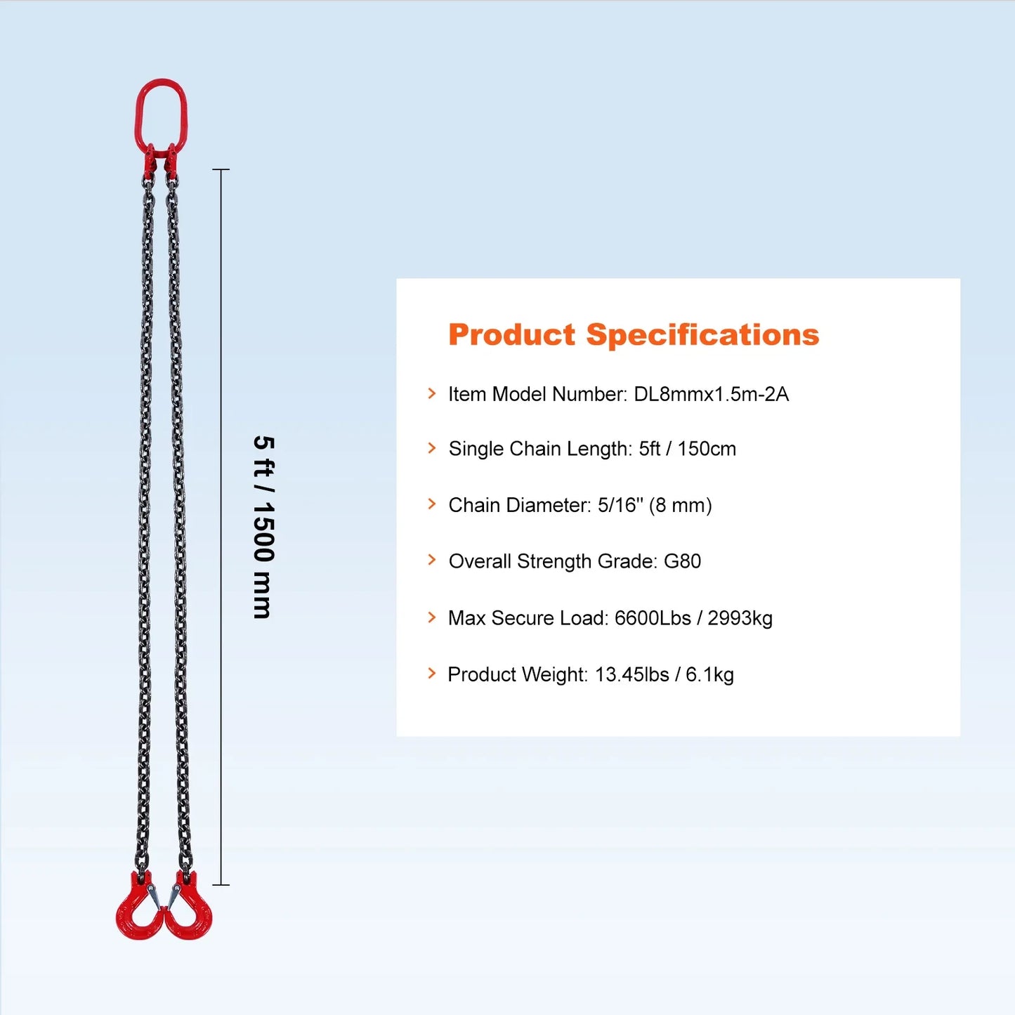 3T 5ft Lifting Sling Chain 5/16 inch G80 Lifting Chains with 2 Leg Grab Hooks for Engine Hoist Engine