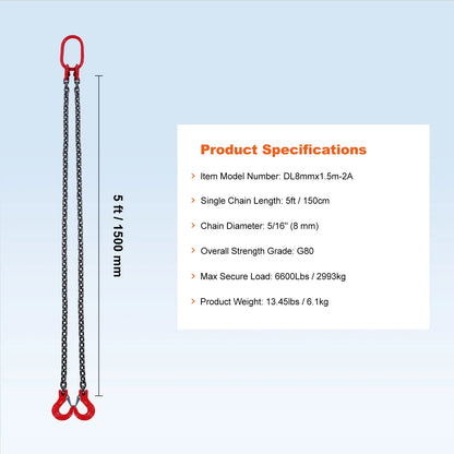 3T 5ft Lifting Sling Chain 5/16 inch G80 Lifting Chains with 2 Leg Grab Hooks for Engine Hoist Engine