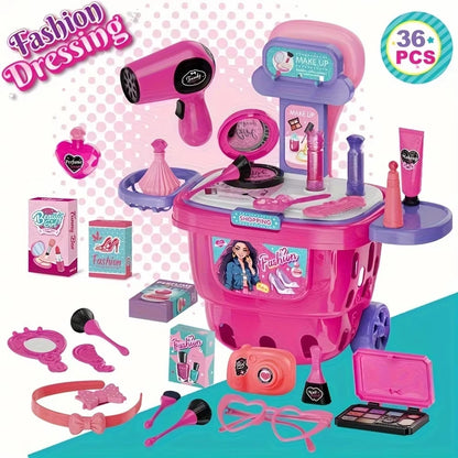 36 luxury fashion makeup and styling sets for kids with luggage, hairdryer, brushes, lipstick, mirror