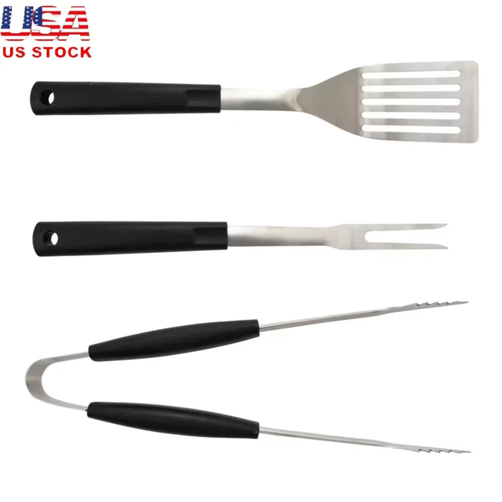 3 Piece Stainless Steel Barbecue Tool Set Fork Tongs Spatula Grilling Utensils Durable Plastic Handle