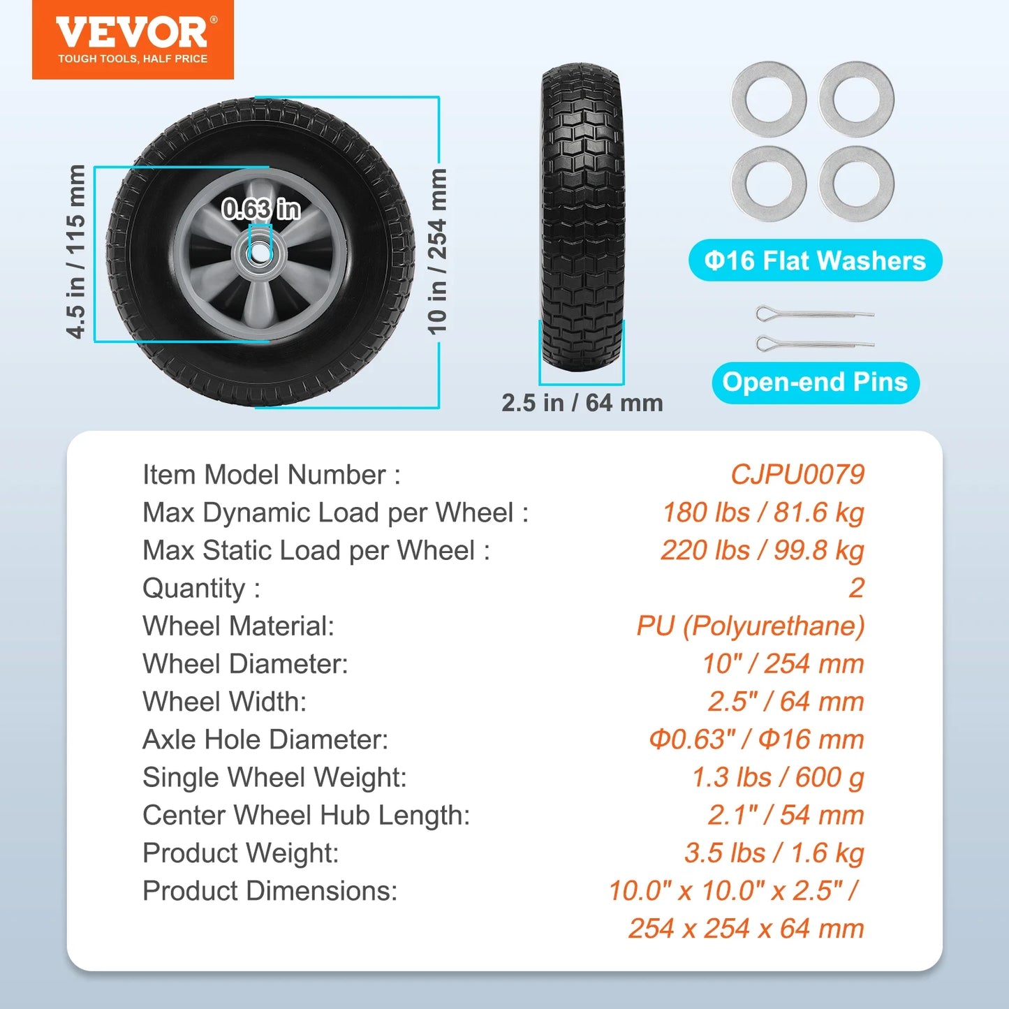 2 Pack Solid PU Run Flat Tire Wheel 10" Flat Free Tubeless Tires and Wheels for Dollies Garden