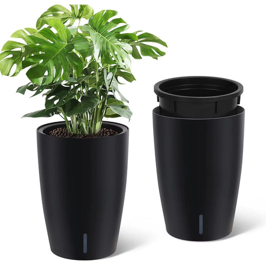 1 Pair Black Self-Watering Planters  21.7” Tall Flower Plant Pots Water Level Gauge Tall-Round