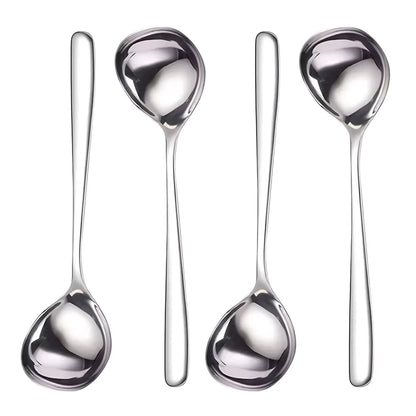 4PCS Super Big Head Spoons Polished Surface Silver Stainless Steel Soup Spoons with Long Handle Kitchen
