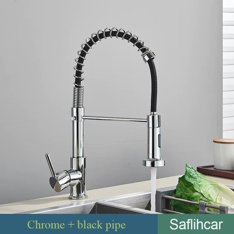 Brushed Gold Kitchen Sink Faucet Spring Pull-down Hot Cold Mixer Faucet Deck Installation