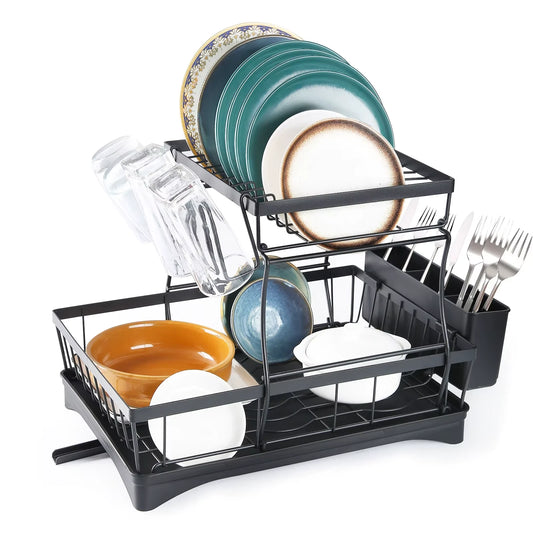 Kitchen Storage Rack 2 Tier Dish Drainer with Drip Tray and Drainer Mat with Utensil Holder