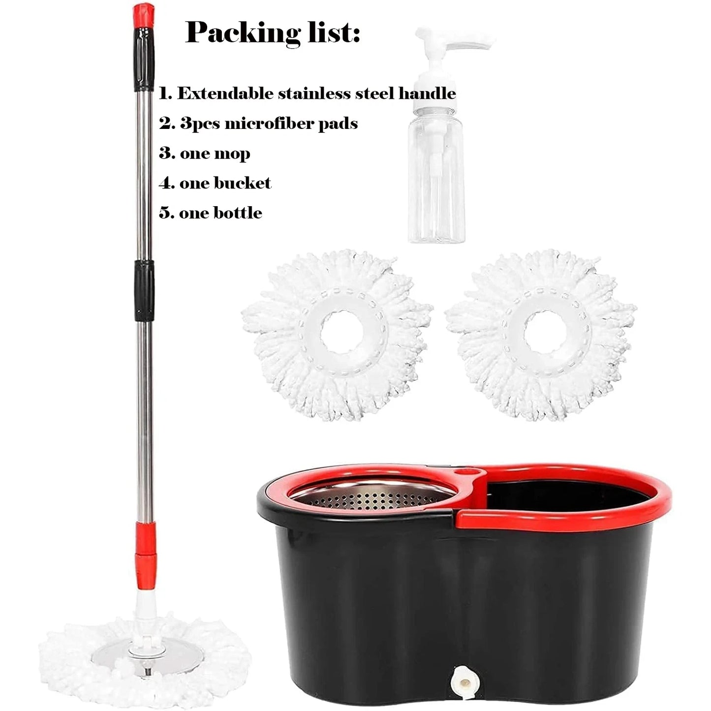 360° Spin Mop Bucket Sets with Wring System in 3 Microfiber Heads Stainless Steel Basket 61" Extended Handle