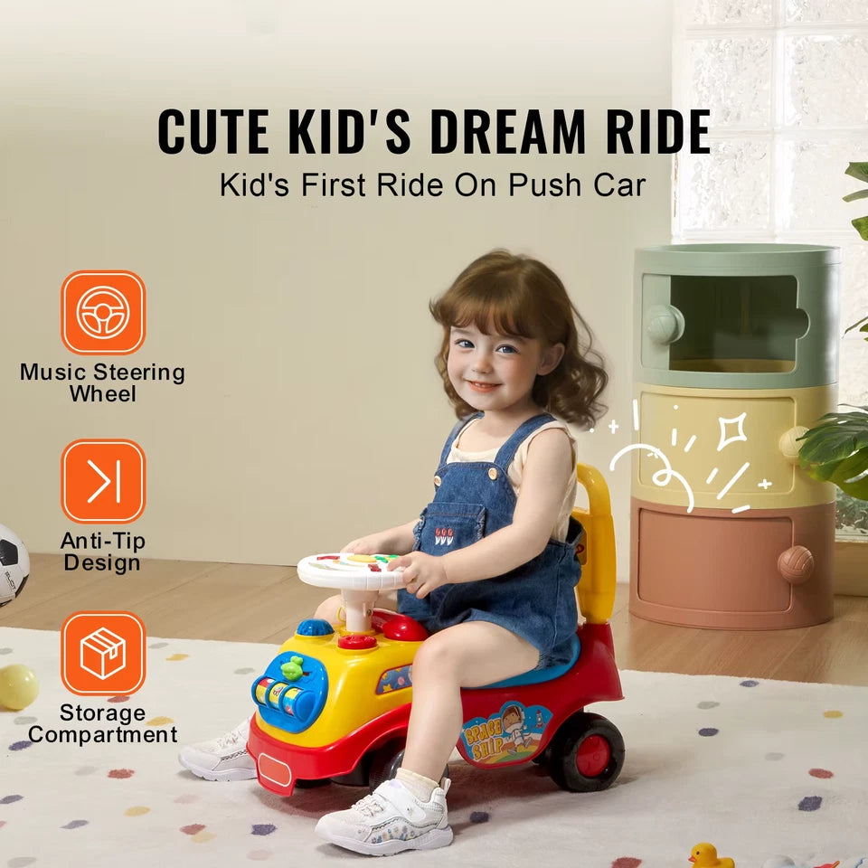 Toddler Ride On Push Car Sit to Stand Kids Ride On Toy Car with Music Steering Wheel Seat Storage