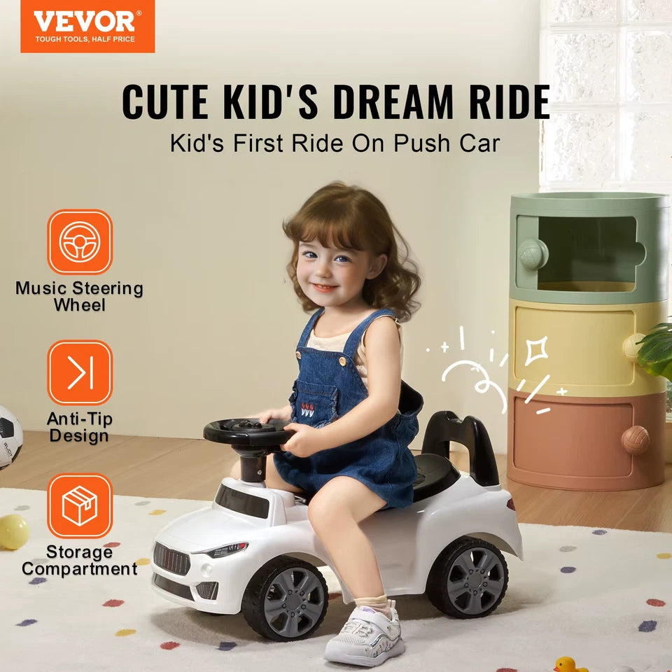 White Ride On Push Car Classic Kids Ride On Sports Toy Car with Music Steering Wheel