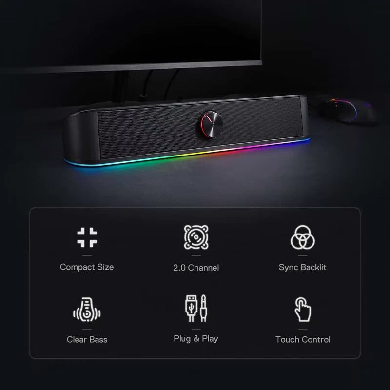 Adiemus RGB USB Desktop Soundbar 2.0 Channel Computer Speaker with Dynamic Lighting