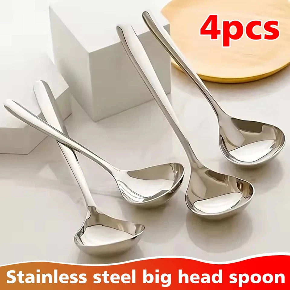 4PCS Super Big Head Spoons Polished Surface Silver Stainless Steel Soup Spoons with Long Handle Kitchen