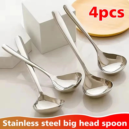 4PCS Super Big Head Spoons Polished Surface Silver Stainless Steel Soup Spoons with Long Handle Kitchen