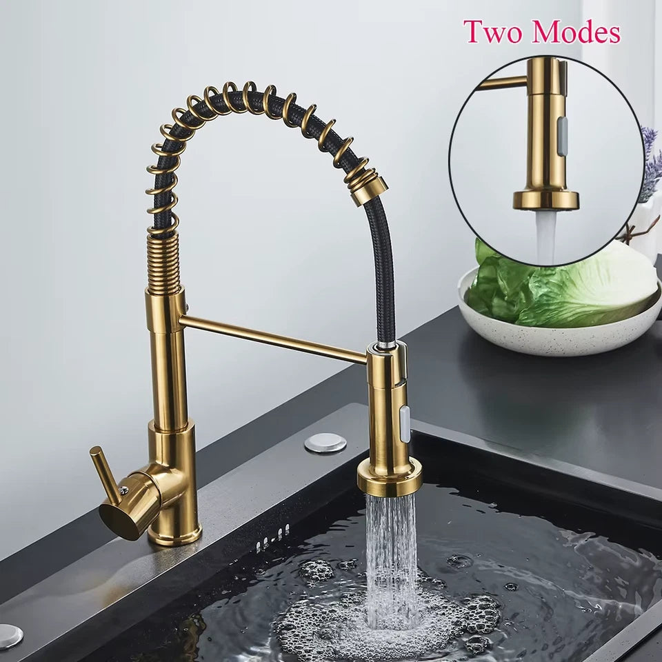Brushed Gold Kitchen Sink Faucet Spring Pull-down Hot Cold Mixer Faucet Deck Installation