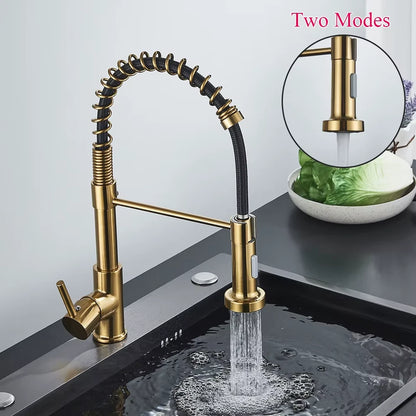 Brushed Gold Kitchen Sink Faucet Spring Pull-down Hot Cold Mixer Faucet Deck Installation