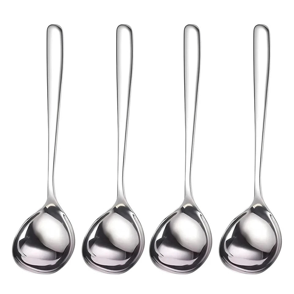 4PCS Super Big Head Spoons Polished Surface Silver Stainless Steel Soup Spoons with Long Handle Kitchen