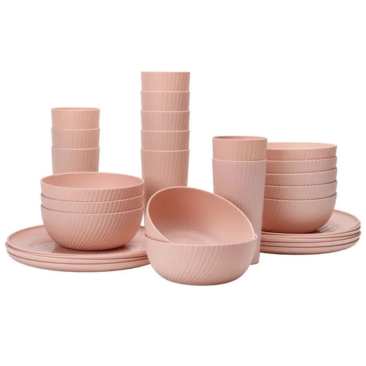 30 Piece Pink Plastic Swirl Dinnerware Set BPA Free Dishwasher Safe Indoor Outdoor Use Includes Plates