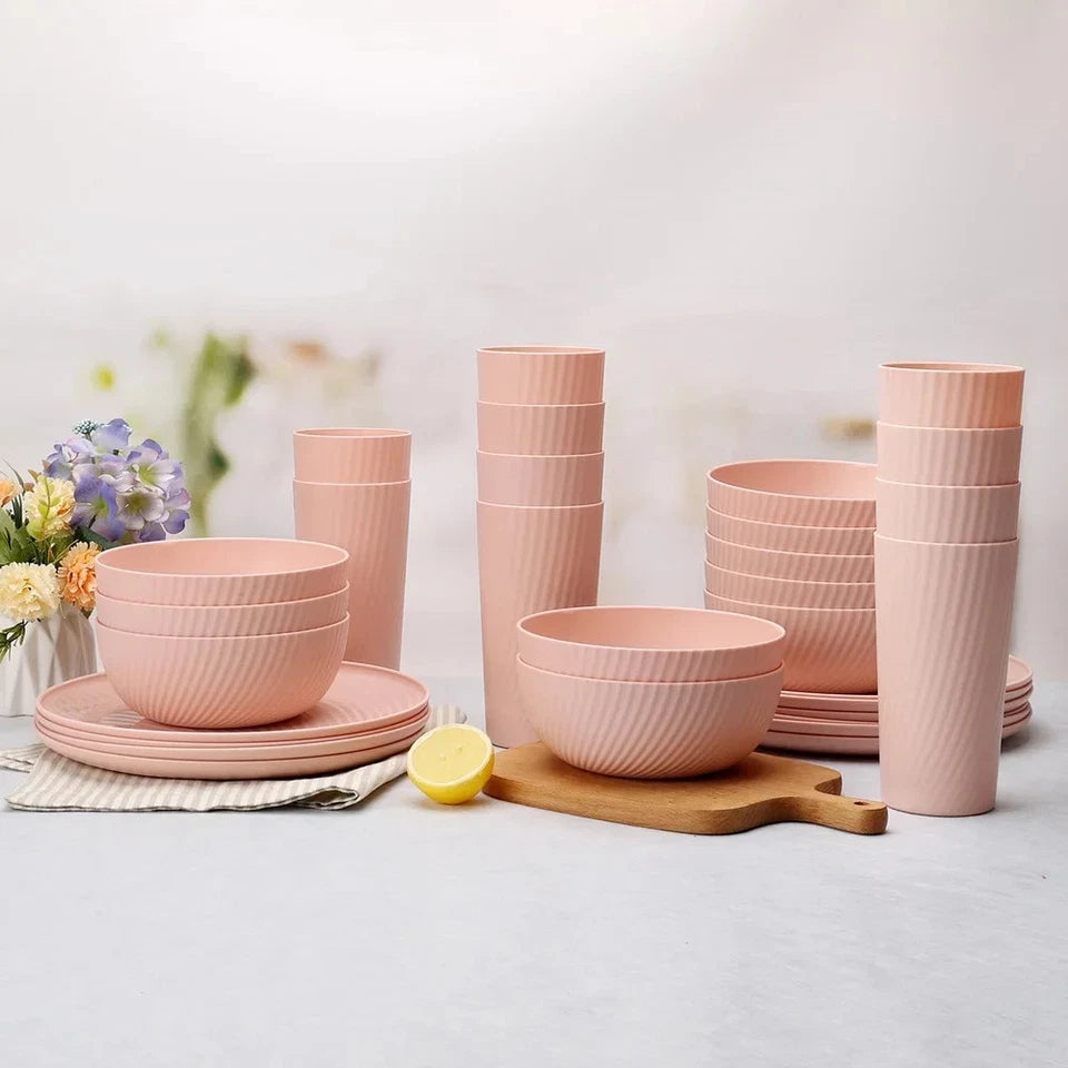 30 Piece Pink Plastic Swirl Dinnerware Set BPA Free Dishwasher Safe Indoor Outdoor Use Includes Plates
