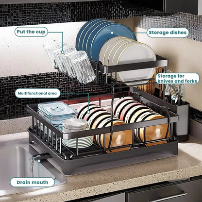 Kitchen Storage Rack 2 Tier Dish Drainer with Drip Tray and Drainer Mat with Utensil Holder