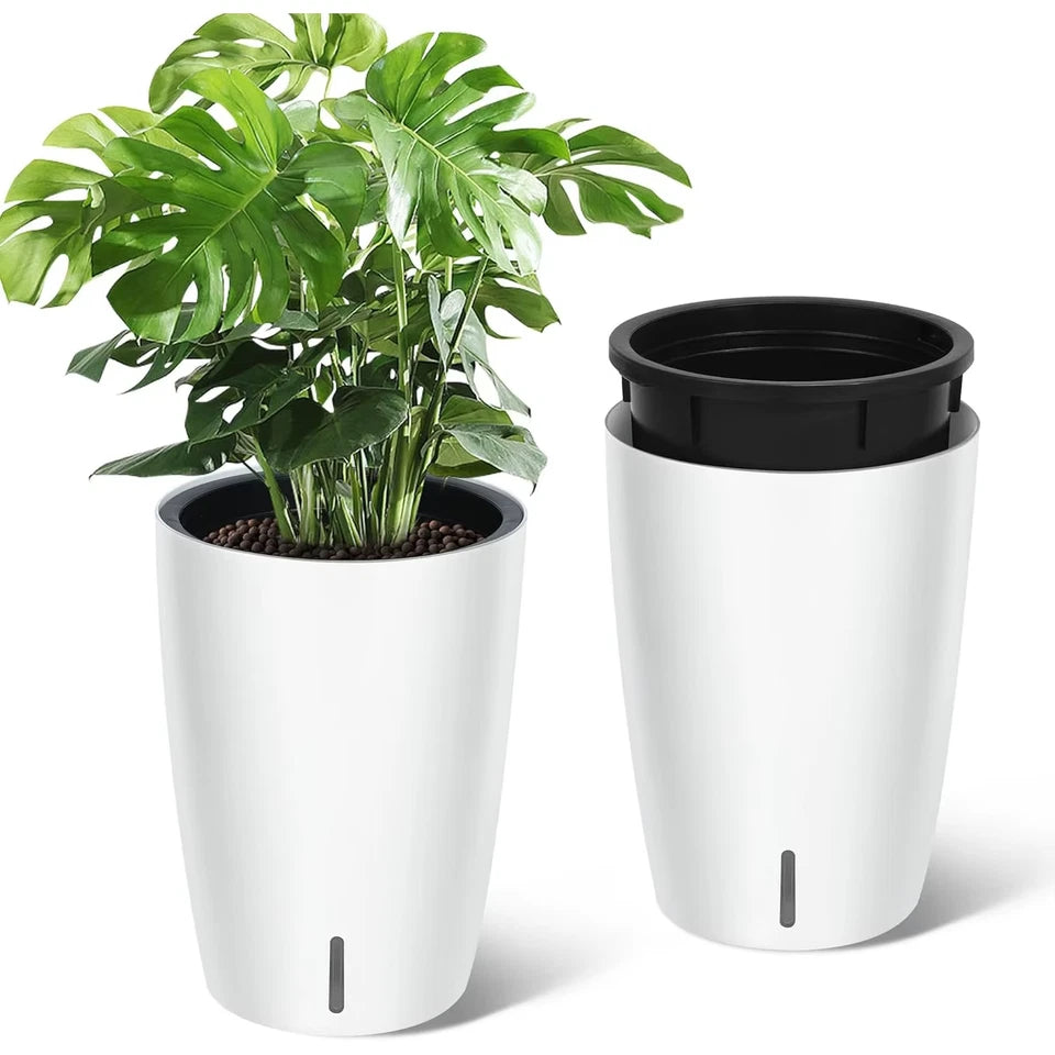 1 Pair Black Self-Watering Planters  21.7” Tall Flower Plant Pots Water Level Gauge Tall-Round