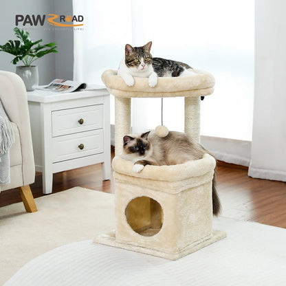 Cat Tower with Cozy Condo Wide Top Perch Natural Sisal Posts Soft Plush Playful Pom-Pom Suitable
