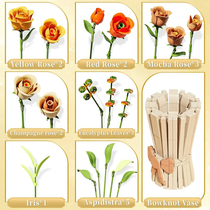 Rose Bouquet Building Blocks Eternal Flower Vase Bricks Home Decoration Girl Romantic Valentine's Day Gifts