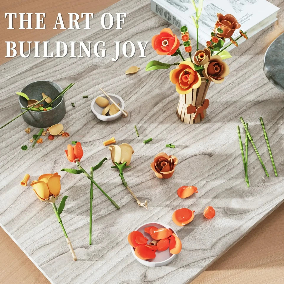 Rose Bouquet Building Blocks Eternal Flower Vase Bricks Home Decoration Girl Romantic Valentine's Day Gifts