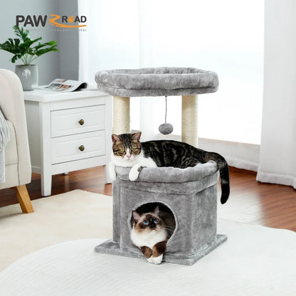 Cat Tower with Cozy Condo Wide Top Perch Natural Sisal Posts Soft Plush Playful Pom-Pom Suitable
