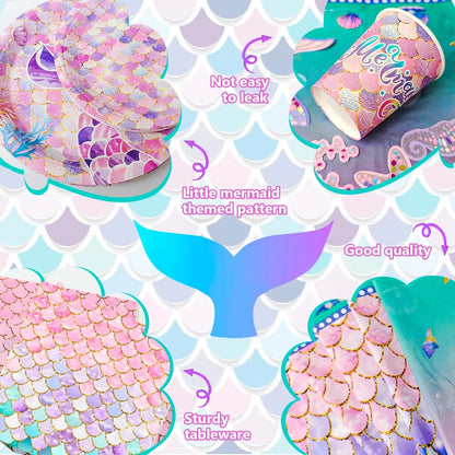 90 Pcs Party Supplies Kit-Mermaid Birthday Plates Cups Napkins Tablecloth&Banner Balloons