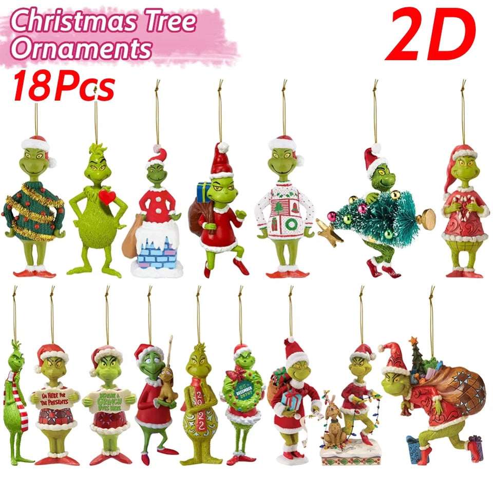 18Pcs 2D Acrylic Christmas Tree Green Monsters Ornaments Cute Green Monsters Christmas Tree Pendants Christmas