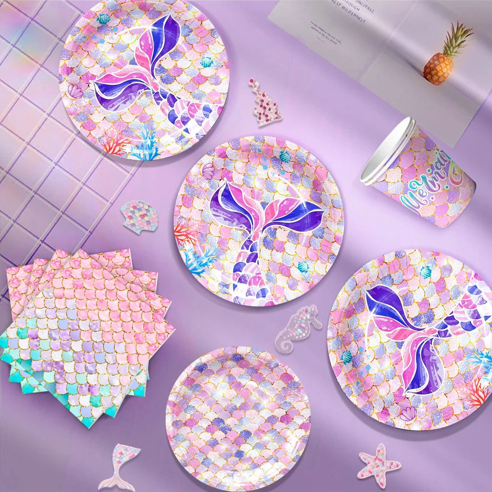 90 Pcs Party Supplies Kit-Mermaid Birthday Plates Cups Napkins Tablecloth&Banner Balloons