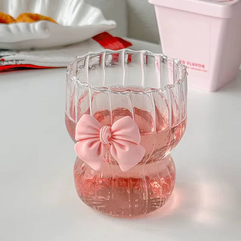 Pink Bow Glass Cute Water Cup Cartoon Bow Glass Cup Striped Cute Doodle Coffee Mug Household