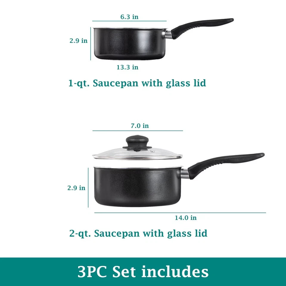 3 Piece Non-Stick Sauce Pans Set Includes 1Qt 2Qt Pots with Lid Easy Clean Dishwasher Safe Lightweight