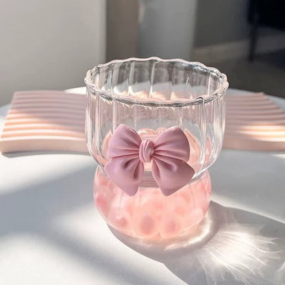 Pink Bow Glass Cute Water Cup Cartoon Bow Glass Cup Striped Cute Doodle Coffee Mug Household