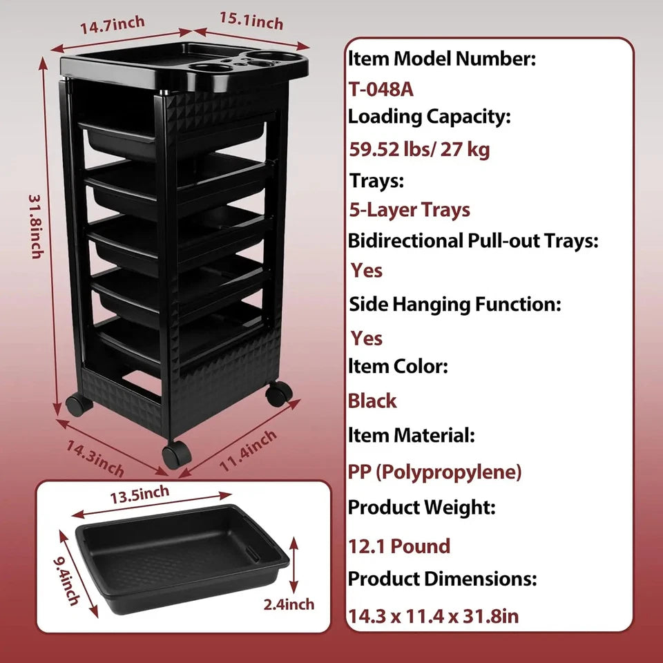 5-Tier Black Salon Hairdressing Rolling Cart with Wheels Mobile Storage Trolley for Cosmetology Makeup