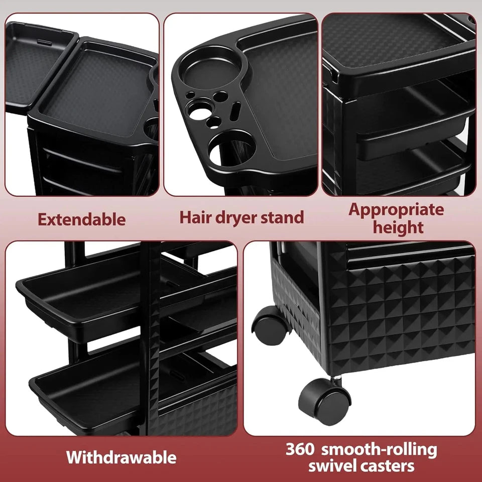 5-Tier Black Salon Hairdressing Rolling Cart with Wheels Mobile Storage Trolley for Cosmetology Makeup