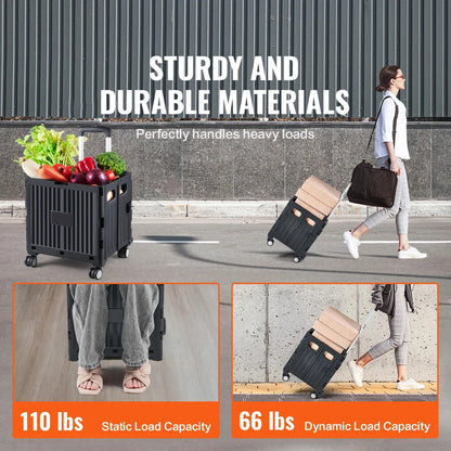 Foldable Utility Shopping Cart Folding Portable Crate Handcart with Telescope Handle Wheels