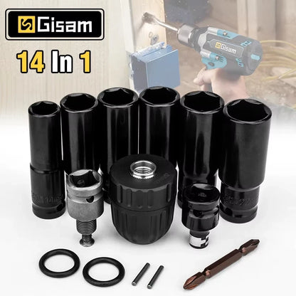 14Pcs Set Electric Impact Wrench Hexs Socket Adapter Kit Drill Chuck Drive Adapter for Electric Drill