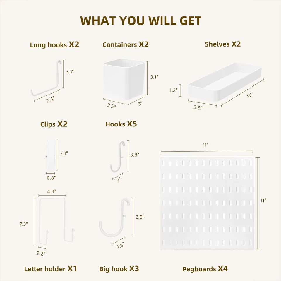 4PCS White Pegboard Combination Kit with 4 Pegboards and 17 Accessories Modular Hanging