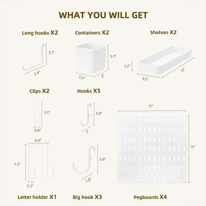 4PCS White Pegboard Combination Kit with 4 Pegboards and 17 Accessories Modular Hanging