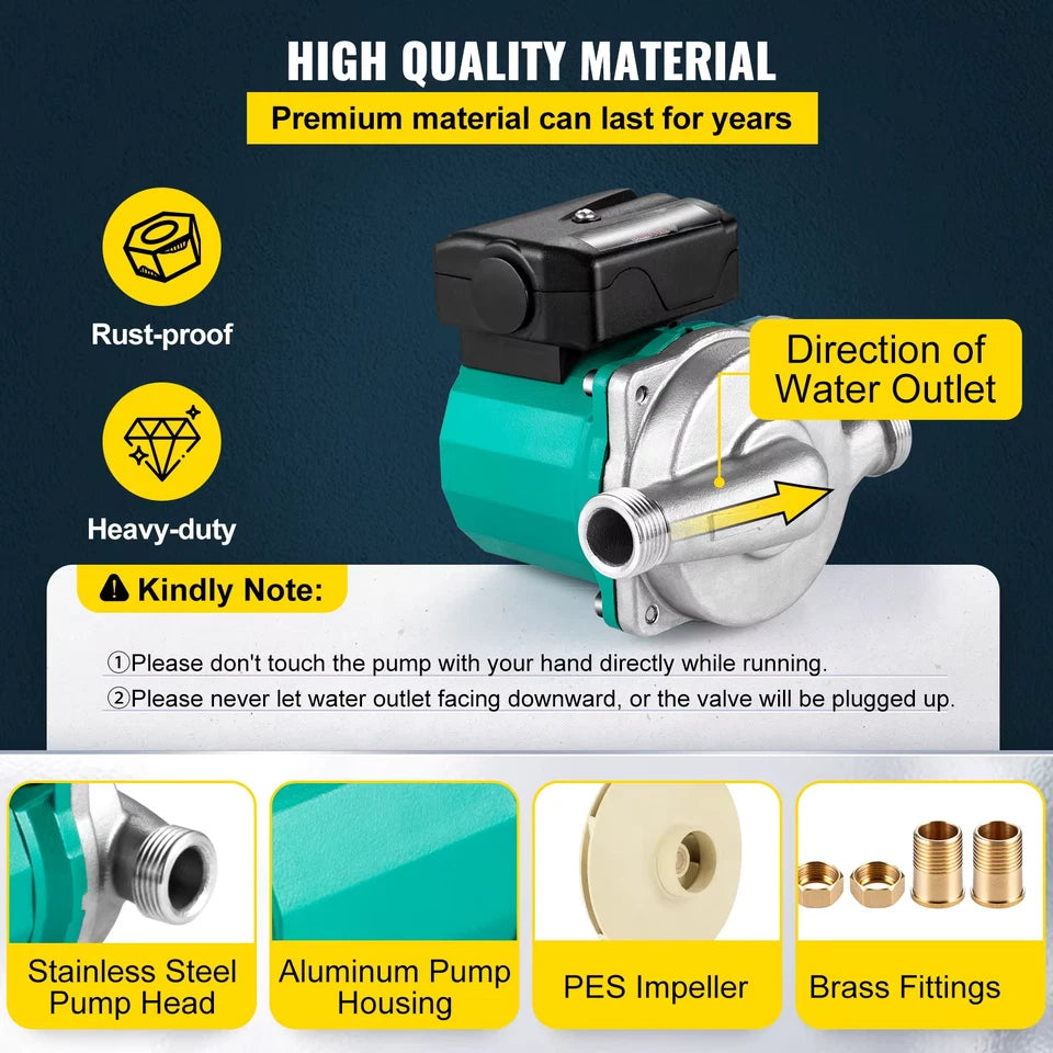 Hot Water Recirculating Pump 93W 3/4″ G Thread to 1/2″ NPT Brass Adapter 3 Speed Control