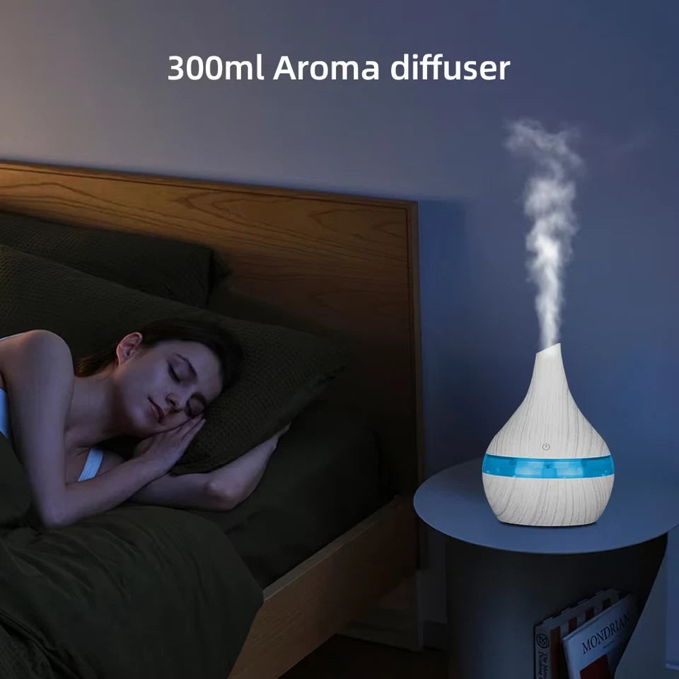 300ml Wood Grain Humidifier & Essential Oil Diffuser USB Powered Includes 2 Aroma Oils