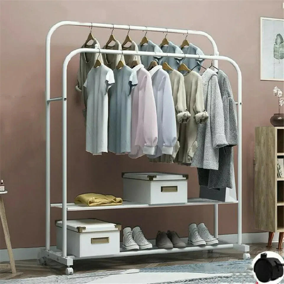 Heavy Metal Double Clothes Rail Hanging Rack Garment Display Stand Storage Shelf Rolling