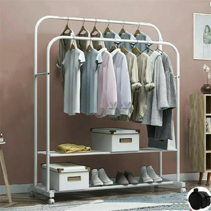 Heavy Metal Double Clothes Rail Hanging Rack Garment Display Stand Storage Shelf Rolling