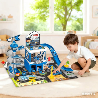 Assembled Track City Parking Lot Lights Rail Car Inertia Vehicle Engineering Car Toys with 3 Piece Alloy Race