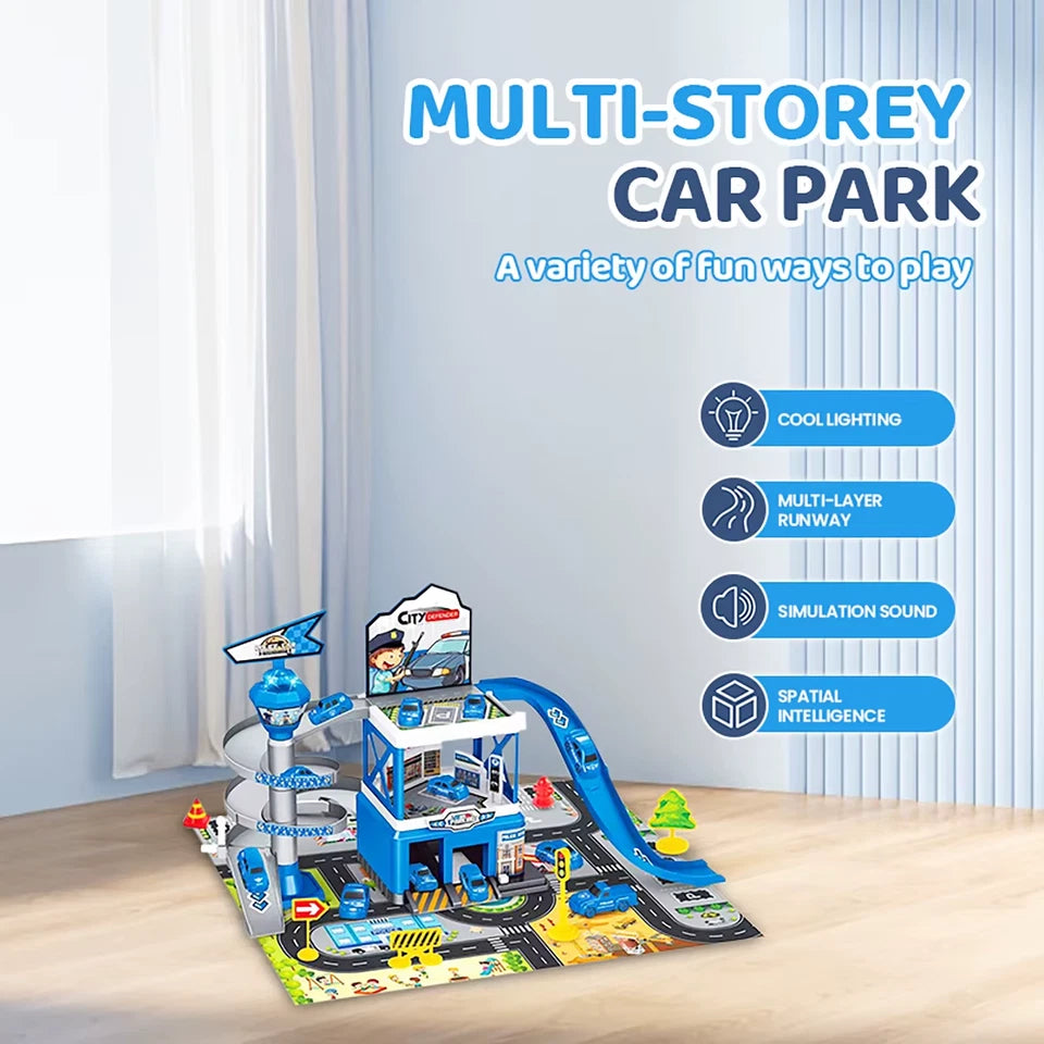 Assembled Track City Parking Lot Lights Rail Car Inertia Vehicle Engineering Car Toys with 3 Piece Alloy Race