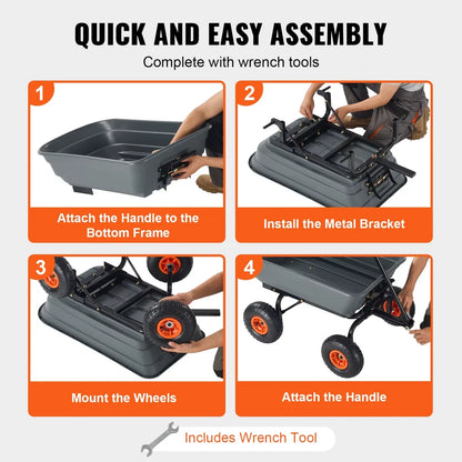 Dump Cart Poly Garden Dump Cart Easy to Assemble Steel Frame Dump Wagon with 2 in 1 Convertible Handle