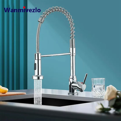 Spring Pull Down Kitchen Faucets Stream Spray Head Hot Cold Water Tap Stainless steel Rotation Kitchen