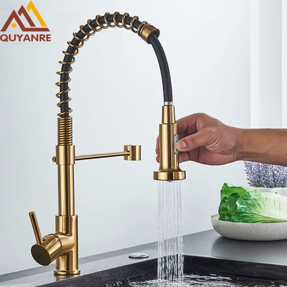 Brushed Gold Kitchen Faucet Pull Down 2-way Spray Single Handle Hot Cold Water Mixer Tap 360 Rotation
