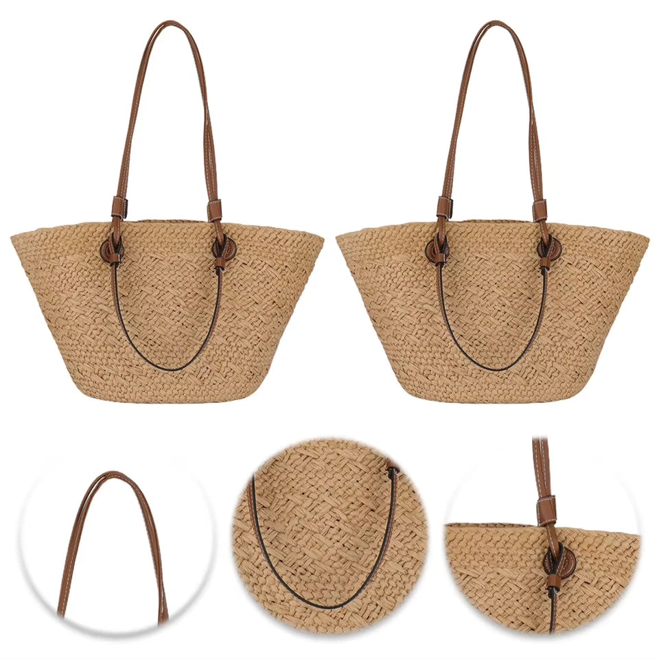 Women Woven Tote Bag Fashion Shoulder Bag Large Capacity Summer Beach Bags Simple Woven Handbag Chic